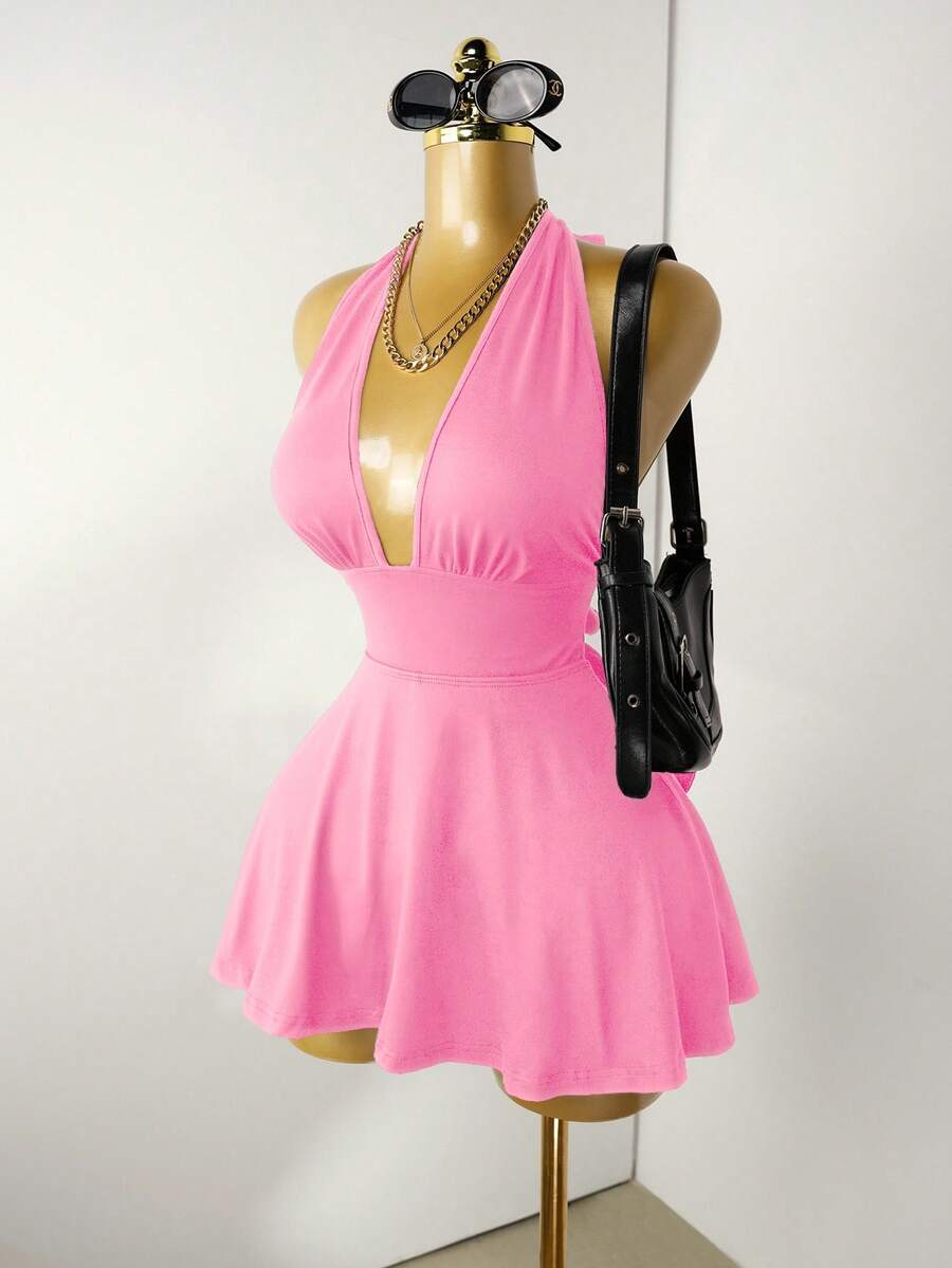 Mistrie Mono negro ajustado con cuello en V profundo y tirantes sin espalda - Rosa Pálido - Ver 1
