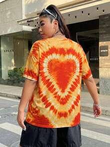SHEIN EZwear 大码女式休闲扎染爱心印花宽松落肩T恤，适合夏季、度假、日常通勤、外出穿着，嬉皮风爱心图案T恤，女式扎染上衣。 - 橘色 - 查看 2