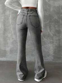 98%Cotton Zipper Fly Distressed Bell Bottom Jeans - Grey - View 2
