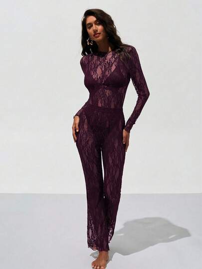 Opulessa 2pcs/Set Women Solid Color Knit Lace Jumpsuit & Leggings