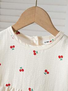 两件套开衫上衣和裤子睡衣套装，梭织面料，可爱樱桃图案，袖口和下摆饰有蕾丝花边。 - 彩色 - 查看 4