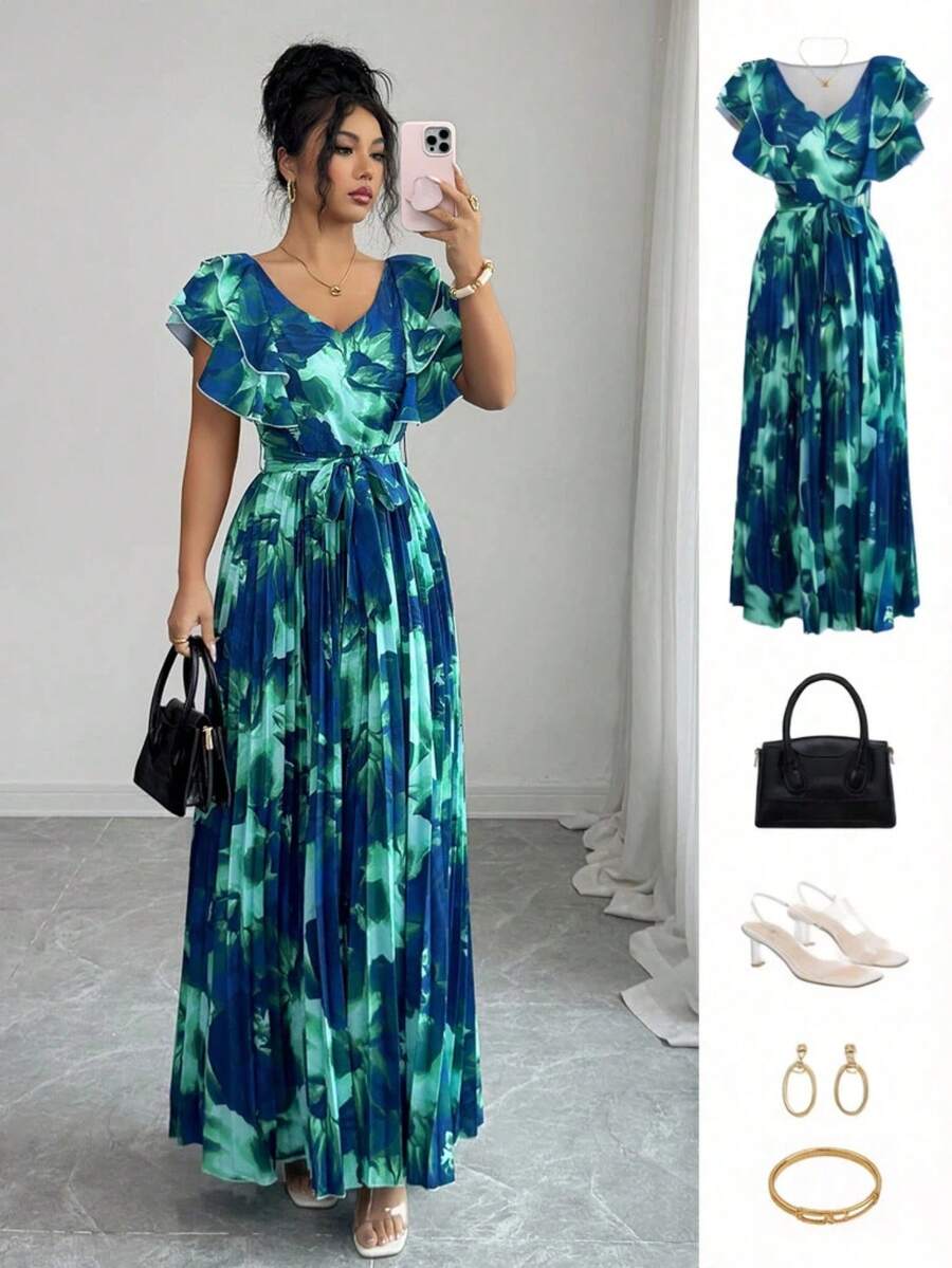 Elenzga Đầm xếp ly dáng suông, cổ chữ V, eo bèo nhún, họa tiết ombre, thích hợp cho mùa Xuân/Hè, dành cho nữ. - Nhiều màu - Xem 1