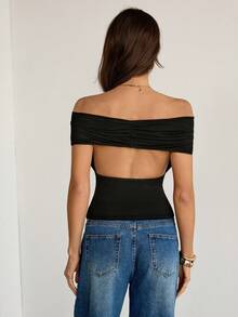 SHEIN Tall 3件套女士夏季T恤，纯色垂褶领百搭时尚上衣，一件上衣三种穿法，夏季女装，派对上衣 - 黑色 - 查看 11