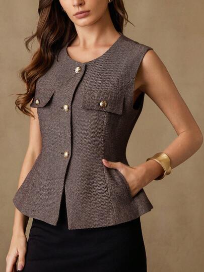 Aveloria Modichic Women's Round Neck Single-Breasted Casual Versatile Commuting Vest Jacket