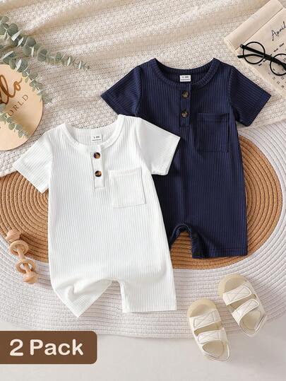 SHEIN 2件装新生儿短袖连体衣，纯色，柔软舒适，是送礼佳品，每个宝宝必备，适合所有季节和户外活动穿着。