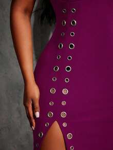 SHEIN SXY Vestido de fiesta sexy y elegante para mujer de talla grande, con tirantes anchos, decoración de ojales en el corpiño, vestido negro ajustado con abertura alta - Morado - Ver 5
