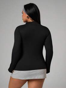 SHEIN Sports 女士加大码纯色长袖拉链修身运动夹克 - 黑色 - 查看 2