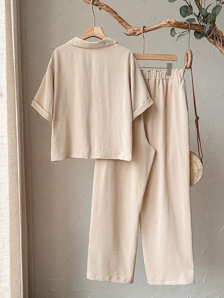 2pc Set Plus Size Women's Summer Casual Vacation Country  Solid Color Khaki  Short Sleeve Blouse Shirt Top And Pants Set With Pocket,,Summer Holiday,Spring Break Outfits ,Vacation Outfits Women ,Holiday Outfits For Women,Going Out Outfits,2026 New Clothes,Simple And Fashionable For Everyday Wear, Shirt And Pants Set, Co Ords Sets Women,Modest Two Piece Set, Plus Size Summer Sets, Wide Leg Pants Set,Suitable For Summer, Vacation, Commute, Daily Wear, Summer Outfits