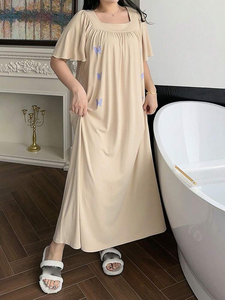 Dazy Plus Plus Size Women Butterfly Print Pleated Casual Nightgown Dress
