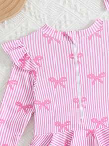 SHEIN GraphicGems Baby Girls' Pink Striped Bow Print Swimsuit,Long Sleeve Rashguard One-Piece With Ruffle Hem,Holiday Beachwear Bathing Suit For Swimming Summer Party - Pink - View 4