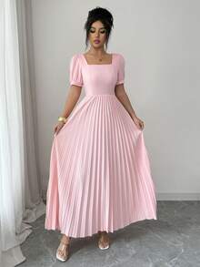 Elenzga Women's Elegant Solid Color Square Neck Pleated Dress - Pink - View 5