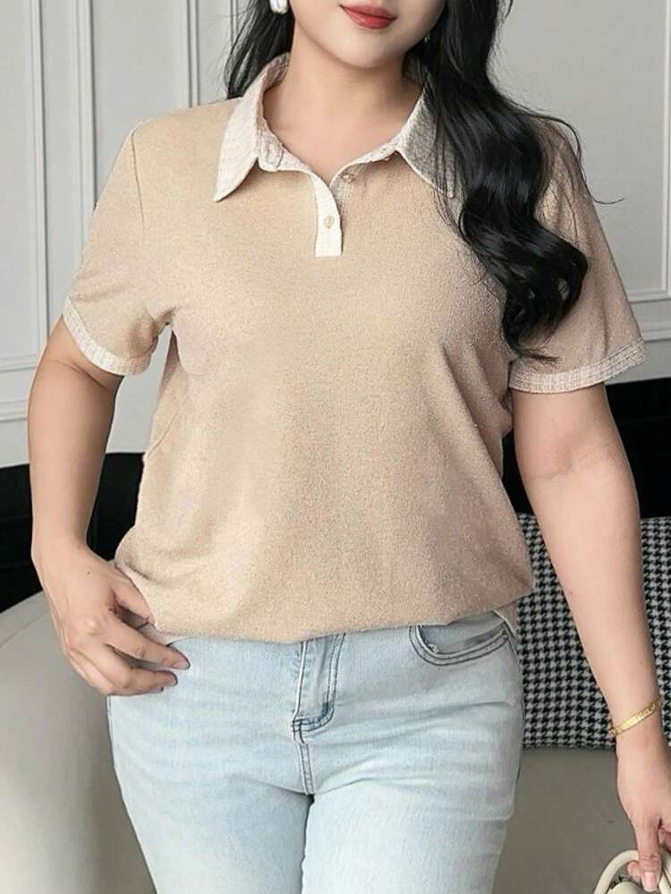 Dazy Plus Plus Size Women Polo Collar Short Sleeve Pearl Button Splice Elegant Date Short Sleeve T-Shirt