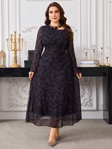 Modelyn Plus Size Long Sleeve Elastic Mesh Printed Double Layer Fitted Waist Knit Elegant Dress For Women - Multicolor - View 6