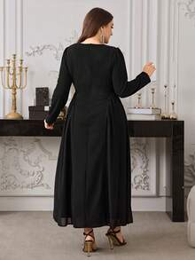 Modelyn Plus Size Embroidered Ruffle Crew Neck Long Sleeve Dress - Black - View 2