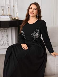Modelyn Plus Size Embroidered Ruffle Crew Neck Long Sleeve Dress - Black - View 3