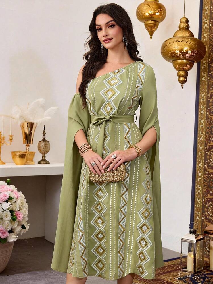 Modelyn Middle Eastern Arabic Style White Printed Mid-Length Robe Latest Dress Zulu Traditional Attire Women Golf Autumn Sexy - Green - View 6