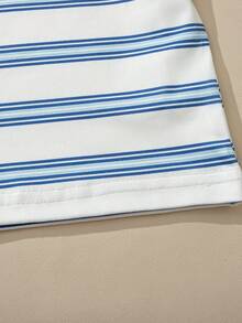 Souflis Souflis French Style New White Base Blue Striped Toddler Boys' Round Neck Short Sleeve T-Shirt With Contrast Embroidered Graphic, Fashionable Casual, Refined, Versatile, Suitable For School, Outings And More Occasions Toddler Summer Clothes Stripe Tshirt Tshirt For Baby Boy - Multicolor - View 10