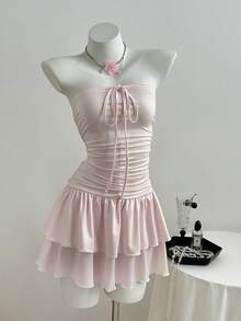 Elamini Vestido mini de mujer de rayas blancas y rosas con pliegues, casual de verano para vacaciones - Multicolor - Ver 6