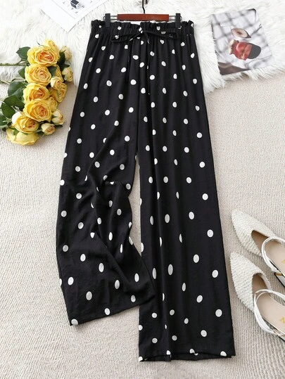 Linhara Plus Size Women's Lightweight, Elegant, Casual Loose Polka Dot Pants With Faux Drawstring, Summer