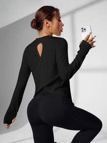 Velisys 女士简约纯色拇指孔休闲运动T恤，秋季款 - 黑與白 - 查看 5