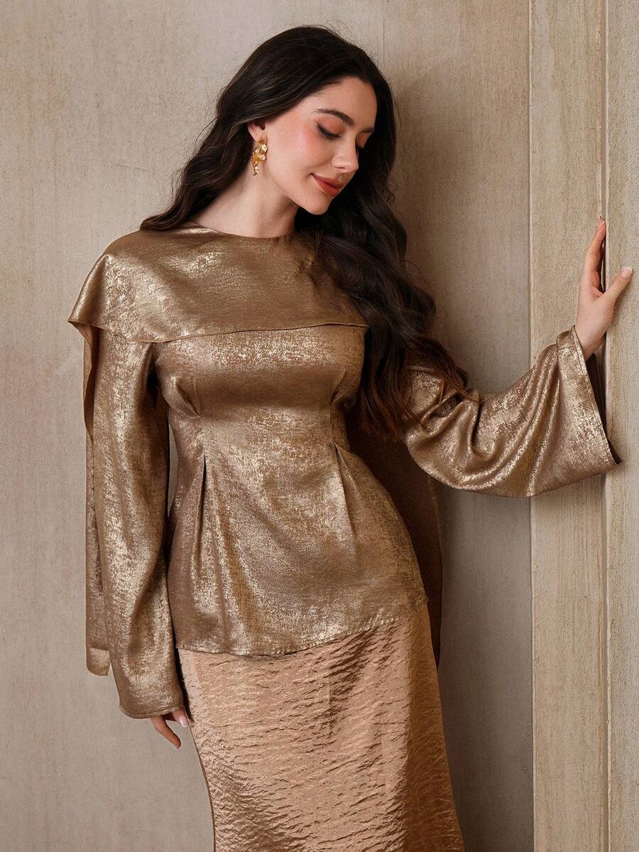 Graceveil Women's Elegant Metallic Fabric Ruffle Sleeve Pleated Fitted Blouse, Spring/Autumn - Gold - View 1