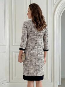 EMERY ROSE 女士优雅格子圆领 3/4 袖纽扣设计短裙，秋季 - 棕色 - 查看 2