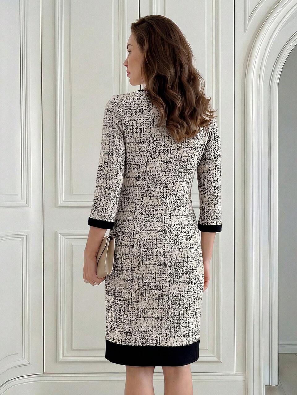 Women's Elegant Plaid Round Neck 3/4 Sleeve Button Design Short Dress, Autumn