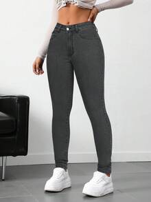 SHEIN Tall Tall Women's Stretch Washed Denim Skinny Jeans - Dark Grey - View 5