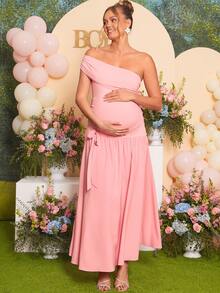 Loomaby Maternity Pink Elegant Summer Wrap Dress,One Shoulder Asymmetric Waist Tie Pregnant Dress For Baby Shower,Gender Reveal & Pregnancy Photoshoot - Pink - View 1
