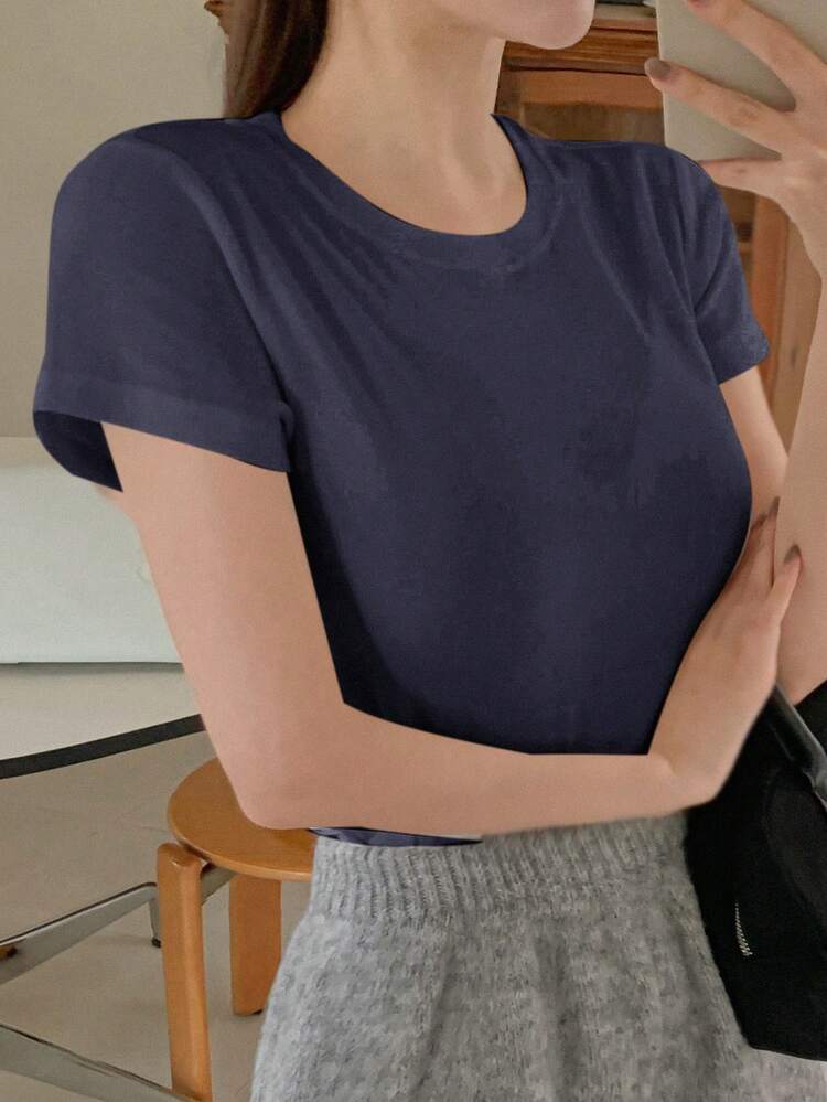 Versatile Slim Fit Round Neck Loose T-Shirt Short Sleeve Top, Women Summer