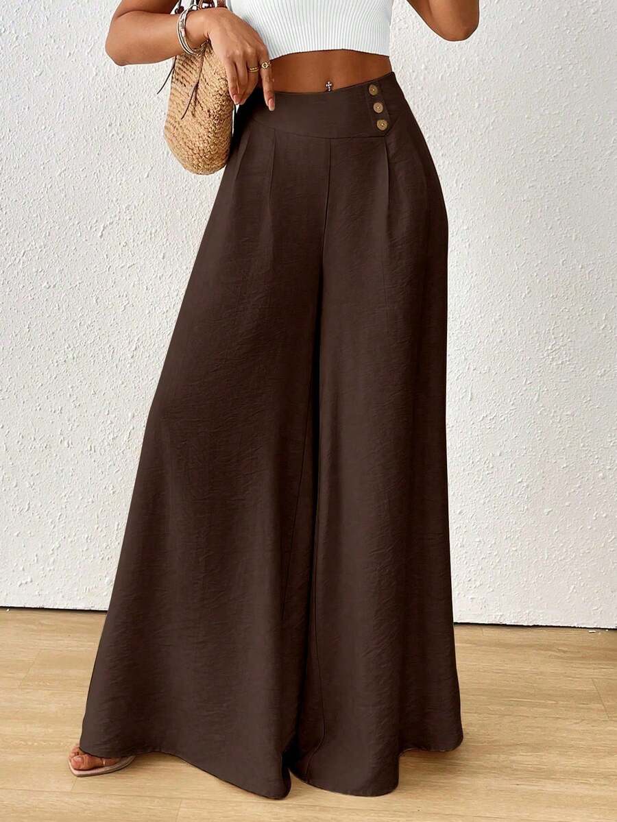 SHEIN Raffinéa 女款純色百褶休閒百搭寬腿褲,適合日常穿著,小碼女款 - 咖啡棕 - 查看 1