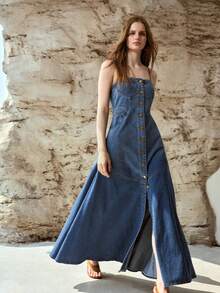 MOTF PREMIUM WOMEN'S SLEEVELESS SPLIT HEM LONG DENIM DRESS, AUTUMN/WINTER - Blue - View 1