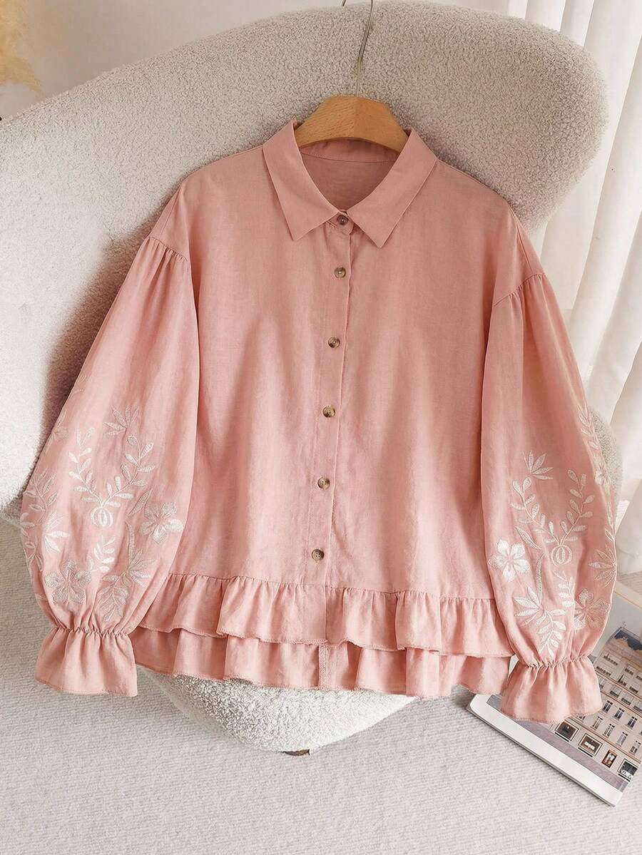 CosyJoli Plus Size Women Embroidered Front Button Ruffle Hem Long Sleeve Blouse - Pink - View 1