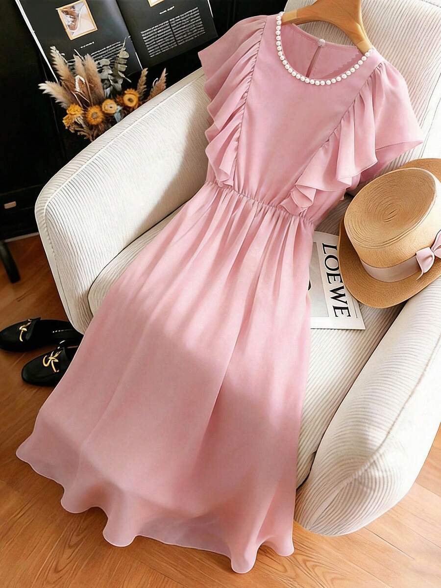 Franclia 女士优雅浪漫串珠荷叶边袖收腰时尚休闲约会连衣裙，春夏款 - 藕粉色 - 查看 1