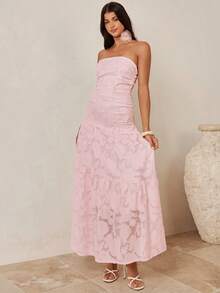 Enchnt Spring/Summer Romantic Women's Pink Jacquard Maxi Tube Dress,Sweet&Elegant For Vacation&Date&Holiday&Going Out,Spring Outfit Women ,Summer Dress - Pink - View 4