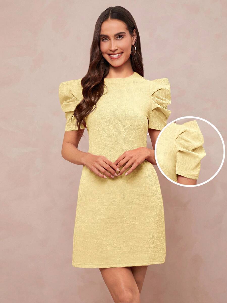 Amorya 女款時尚淡黃色夏季優雅茶會純色花瓣袖短洋裝,荷葉邊泡泡袖檸檬黃洋裝 - 奶油色 - 查看 1