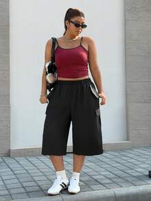 Muchica Plus Size Women's Black Solid Color Elastic Waist Pockets Casual Cargo Capri Pants,Summer Everyday Versatile For Daily Wear,Spring Break, - Black - View 6
