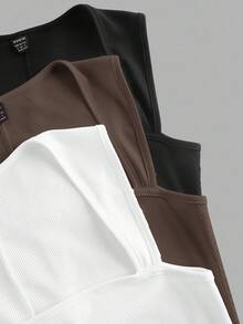 SHEIN EZwear 3件套无袖纯色方领修身连体衣 - 咖啡棕 - 查看 5