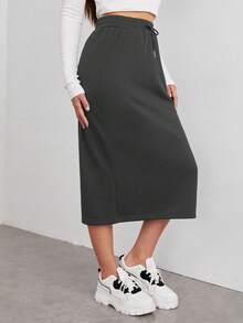 SHEIN EZwear Bộ áo nỉ dệt kim và chân váy nữ kiểu dáng thường ngày, chân váy dài mùa xuân/hè, chân váy thể thao, chân váy midi màu xám, chân váy cạp chun, chân váy midi có dây rút, chân váy jogger, chân váy nữ, chân váy nữ. - Xám - Xem 4