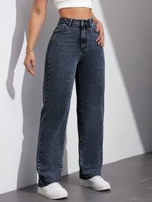 SHEIN EZwear 女士休闲日常水洗斜插口袋直筒牛仔裤 - 藍色 - 查看 5