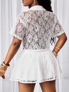 BamGleam Camisa casual, elegante y sexy para mujer con cuello de encaje jacquard, parches, manga corta, bajo asimétrico y transparente, ideal para vacaciones y playa en primavera/verano - Blanco - Ver 2