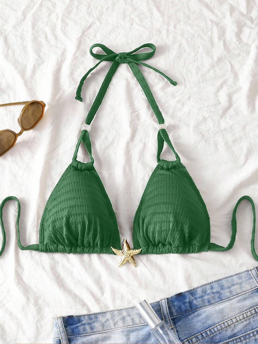 Swim Mod 新款加大码女士纯色挂脖修身休闲泳衣上装 - 綠色 - 查看 1