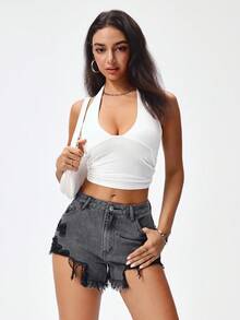 SHEIN EZwear Women's Pocket Distressed Hem Casual Denim Shorts - Black - View 2