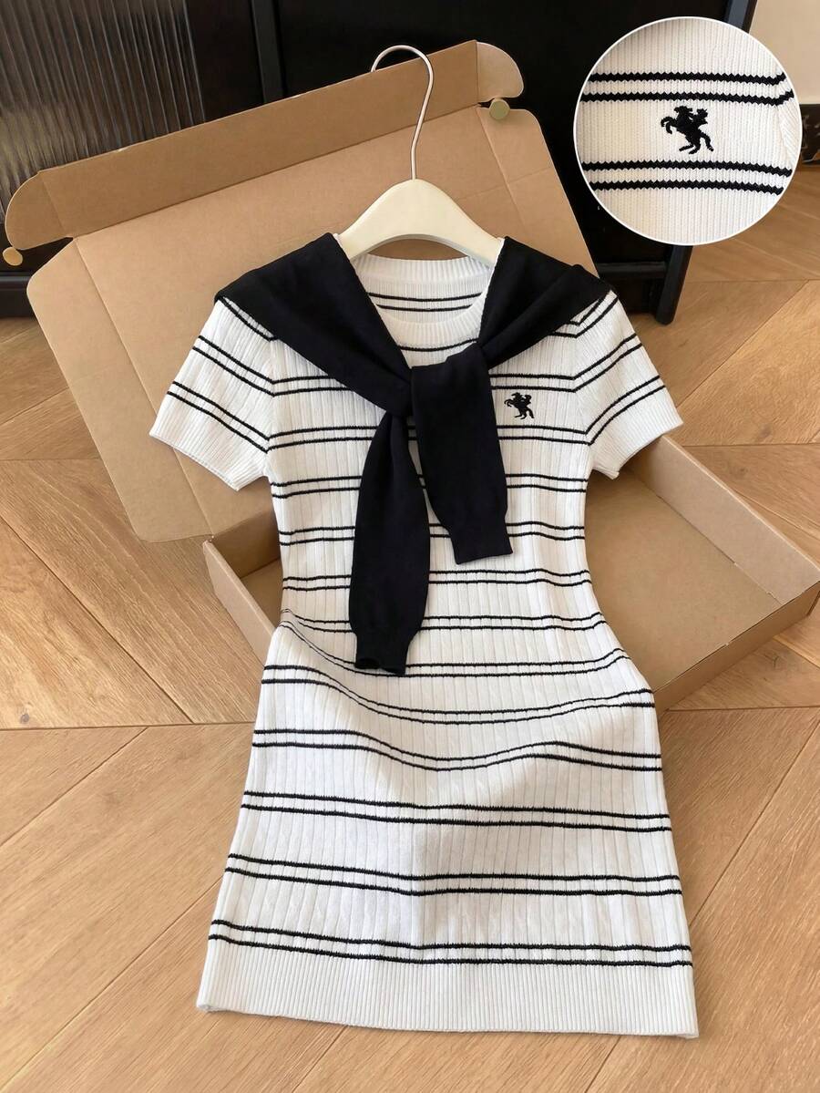 GlowEve Gaun Sweater Rajut Elegan Serbaguna dengan Perpaduan Warna Gaya Eropa dan Amerika Terbaru - Hitam dan Putih - View 1