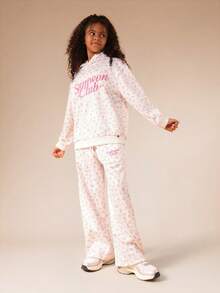 SUMWON Tween Girls Floral Print Hoodie And Sweatpants Co-Ord Set Without Drawstring Hood For Casual Wear - White - View 5