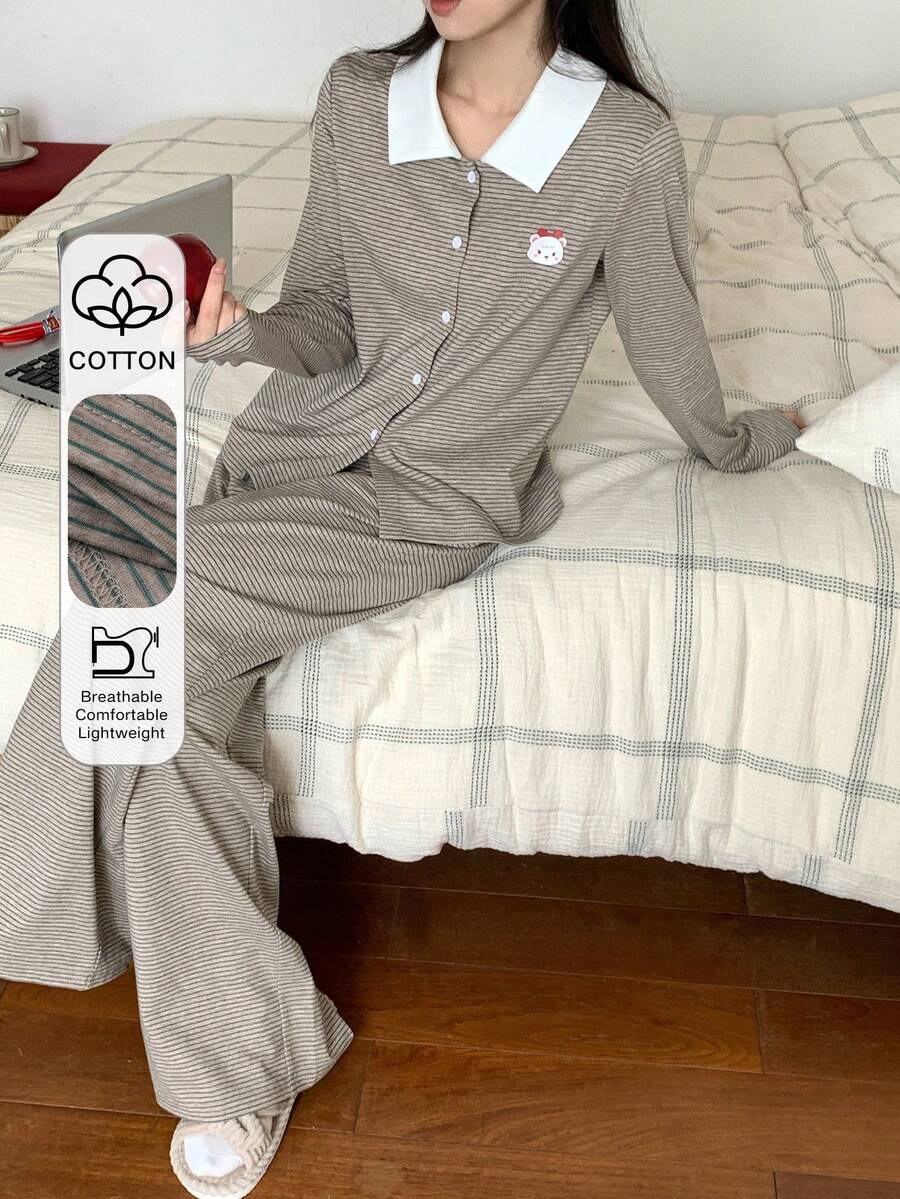 DAZY Ensemble de pyjama pour femme avec imprimé ours de bande dessinée, rayures et couleurs contrastées au col - Vert - Voir 1