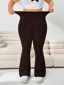 SHEIN Tall CURVE 大码女装秋冬返校休闲家居服瑜伽舒适户外纯黑色针织弹力腰高腰口袋喇叭裤，带口袋打底裤 - 棕色 - 查看 5