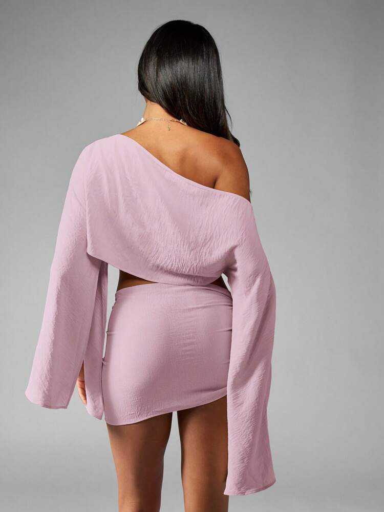 MISSGUIDED Vestido de playa con sensación de lino, hombros descubiertos, mangas acampanadas y falda envolvente para vacaciones de verano y uso en resort