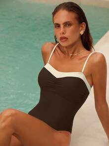 Swim Chiccia 1 bộ đồ bơi liền thân nữ thanh lịch, màu trơn, phối bèo nhún, dây đeo có thể điều chỉnh. - Cà phê nâu - Xem 4