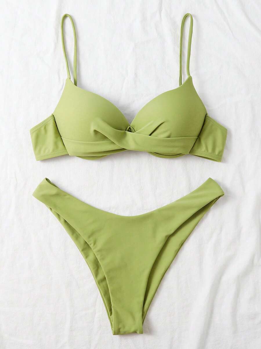 Swim Basics Solid Color Cross-Wrap Halter Bikini Swimwear, Supportive, Summer - Green - View 1